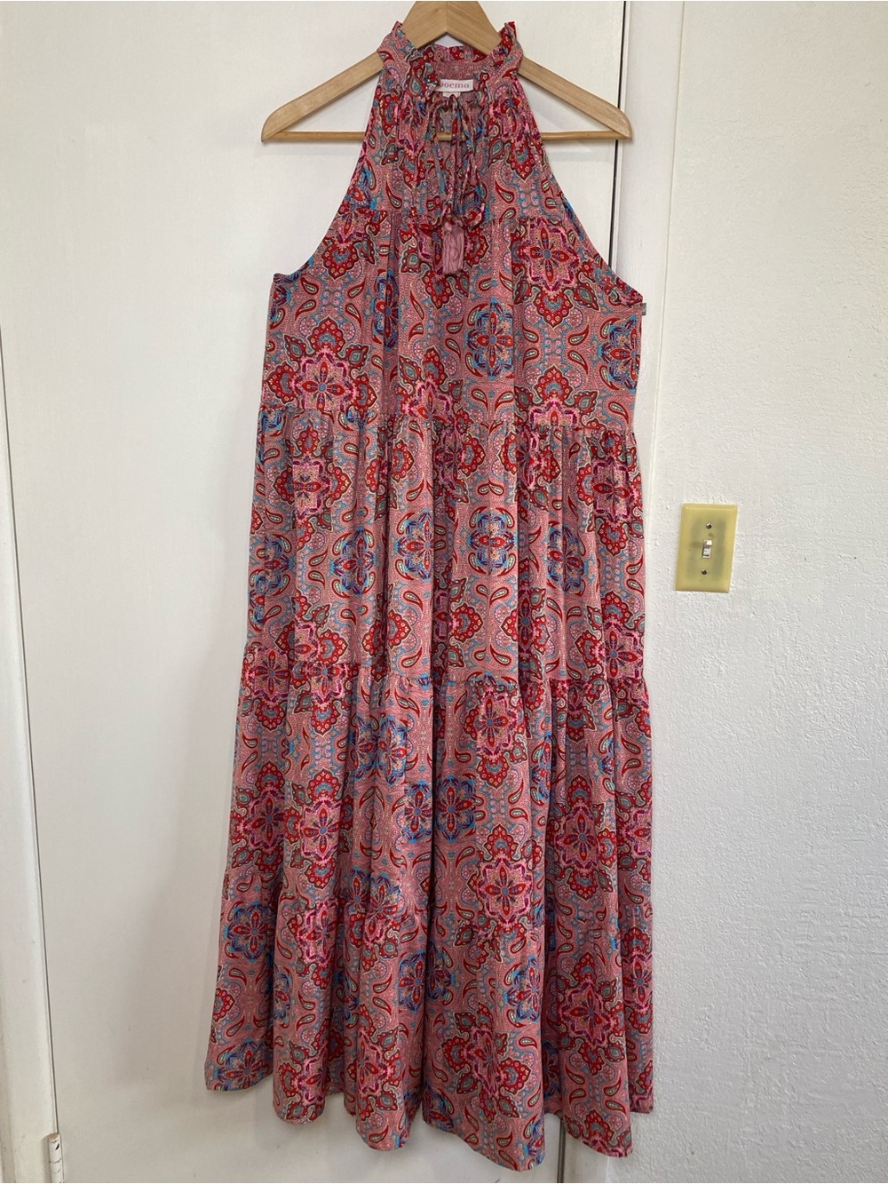 Anthropologie Boemo Paisley Halter Neck Maxi Dress Boho Tiered Sleeveless Size L